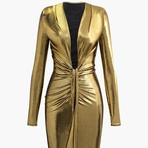 Metallic V-neck Ruched Slit Wrap Maxi Dress